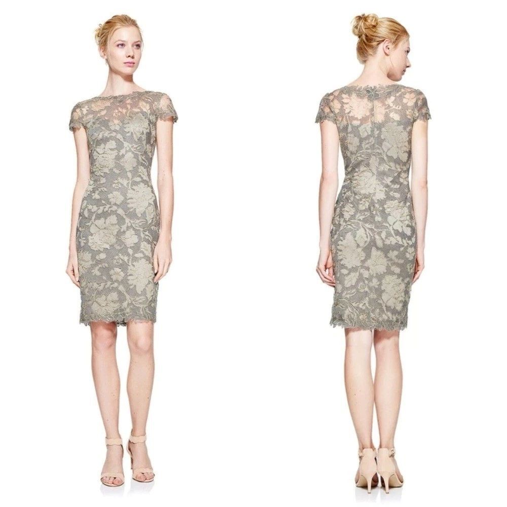 Tadashi Shoji Floral Lace Mesh Formal Metallic Algiers Dress in Smoke Pearl Sz 2